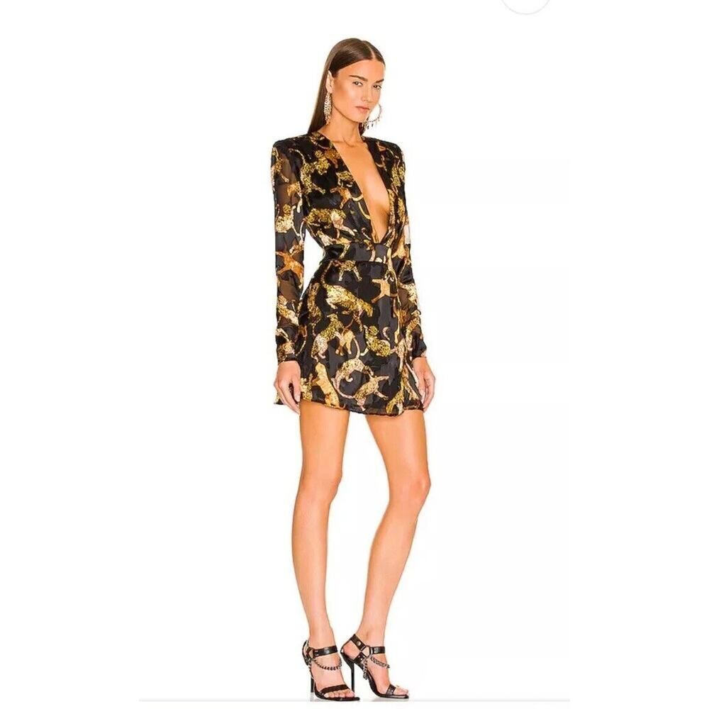Dundas X Revolve Dress Gloria Cats Print Gold Black Mini Short Sz Xs Nwt $348 — image 3 of 8